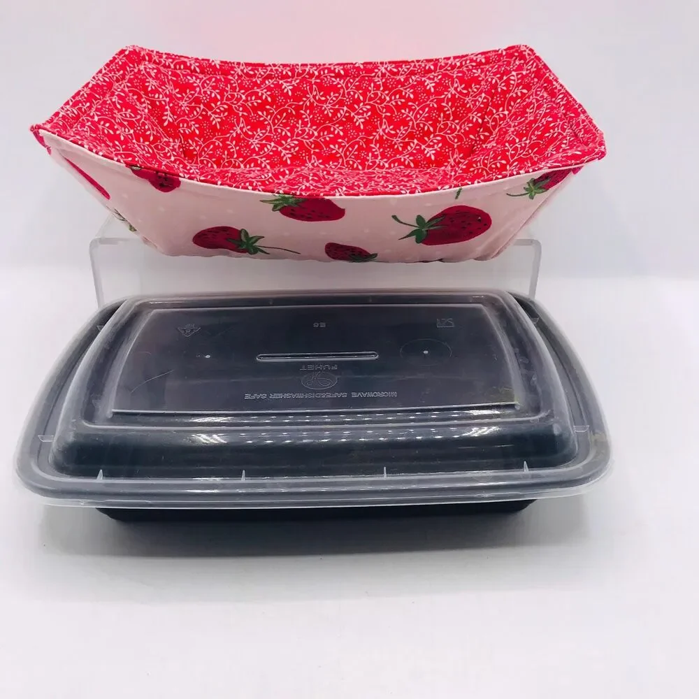 Reversible Microwave Cozie For Takeout Containers Cottage Core Strawberry Fabric